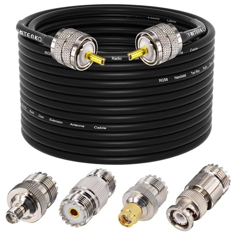 YOTENKO Ham Radio Coax Cable 50 Ohm, RG58 Coaxial Cable 60FT, PL259 Male to Male Coax + UHF SO239 Female to SMA/UHF/BNC Adapter 4-Pack,for CB,Amateur,Ham Radio - Image 1